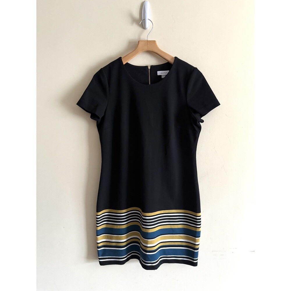 Calvin Klein Black Sheath White Blue Striped Bottom Short Sleeve Dress Size 12